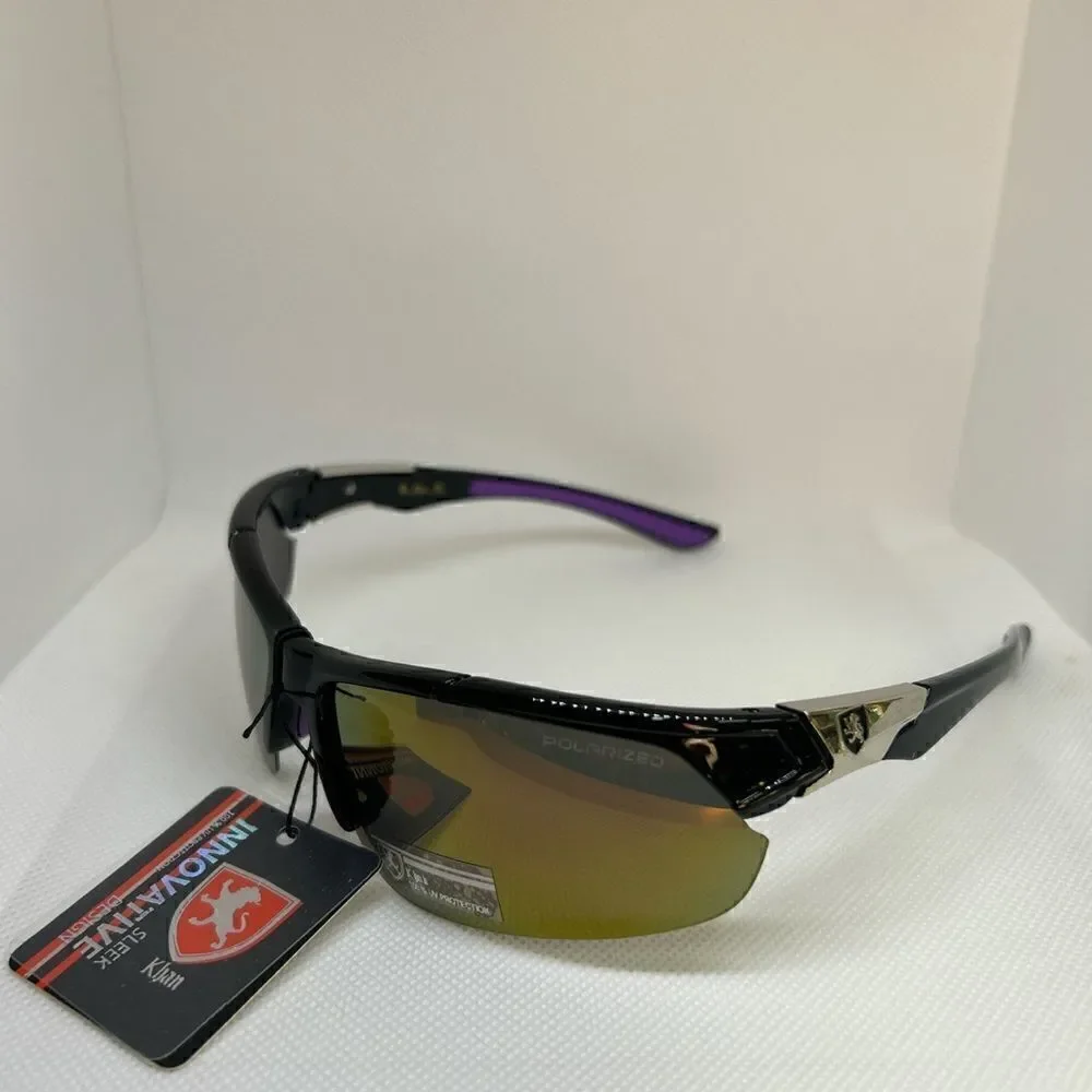 Khan Polarized Mirrored Mens Wrap Semi Rimless Sunglasses